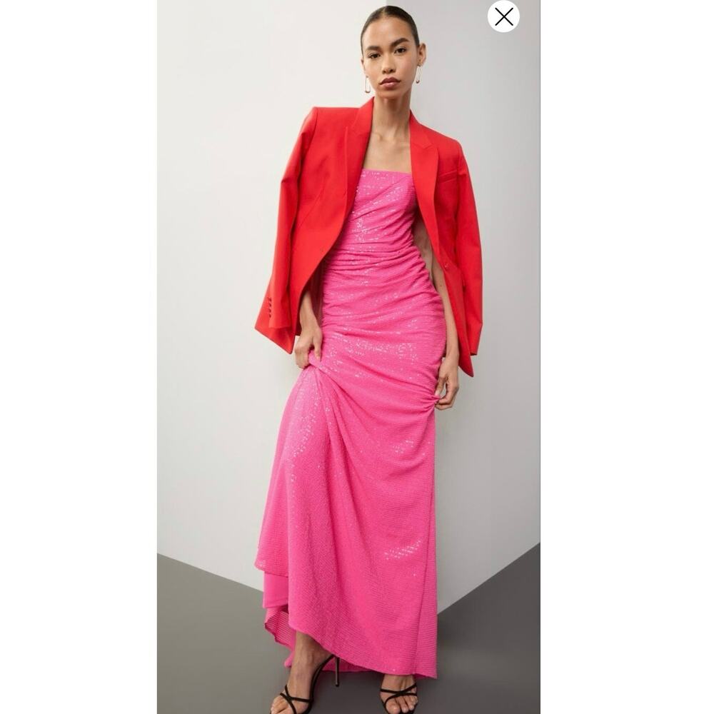 NISSA Hot Pink Barbie Sequined Strapless Waist Detailed Maxi Gown size US 6